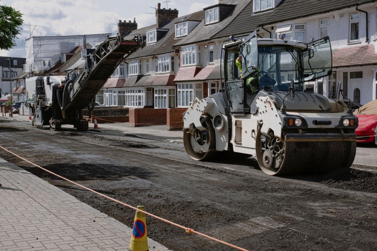 Tandem road roller compacting a freshly laid asphalt surface