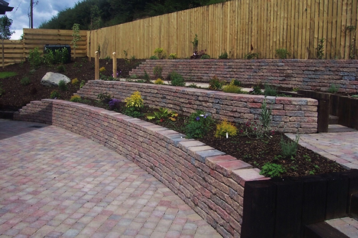 Raised garden beds planted with mature flowering borders