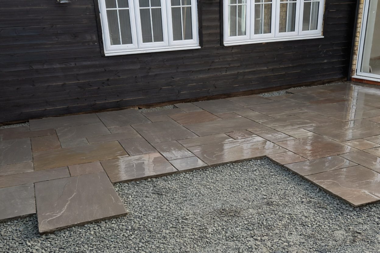 Sandstone slabs being set on a full cement bed against the gravel border