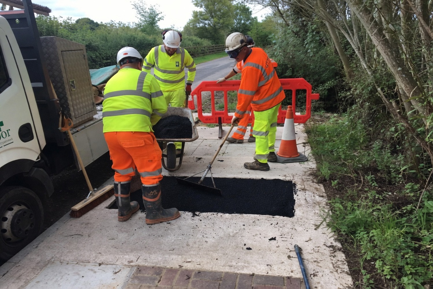 Three-operative crew in PPE filling a road-edge patch with hot-mix asphalt — wheelbarrow, rake and shovel in hand