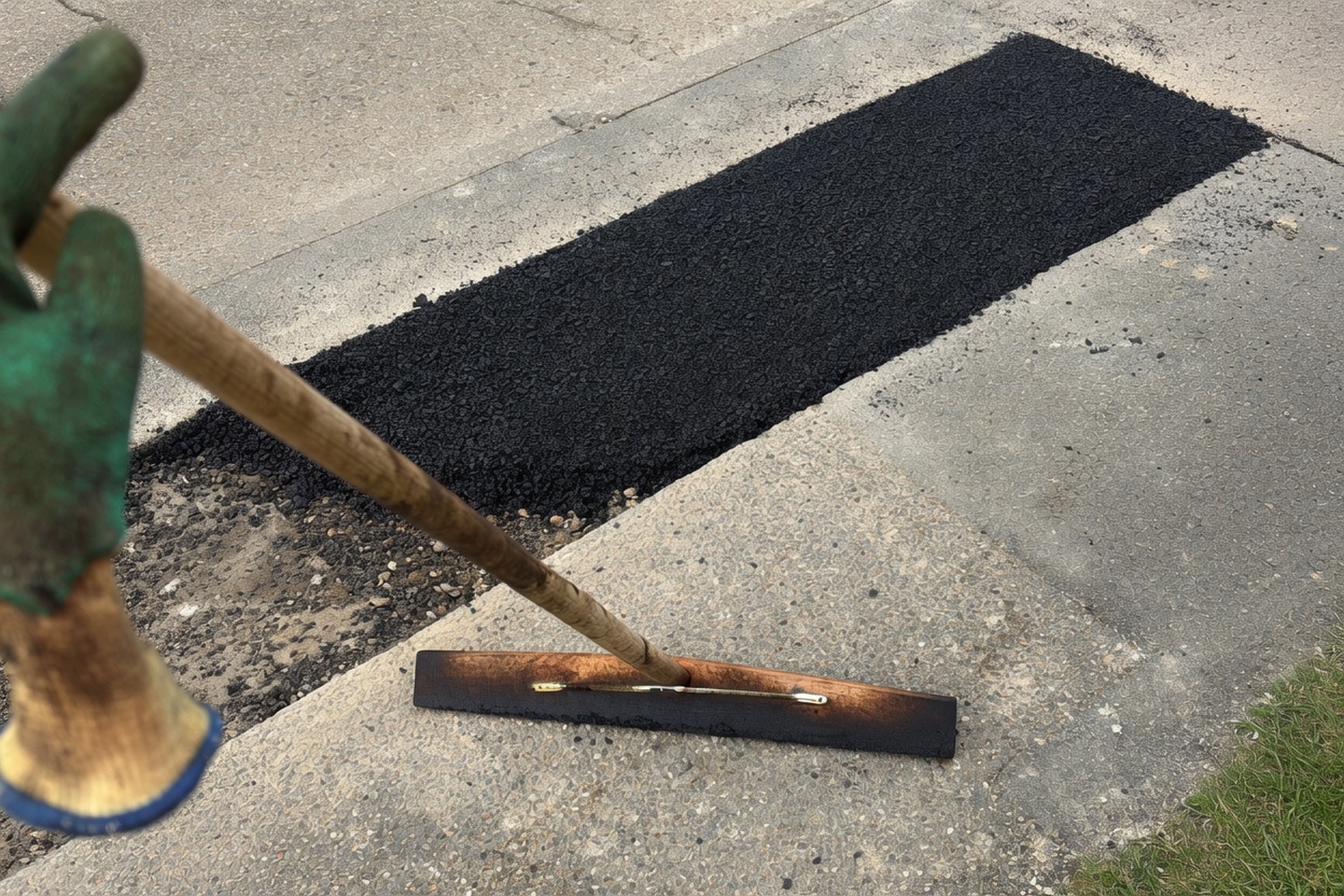 Long fresh asphalt strip patch on a footway with hand-screed tool