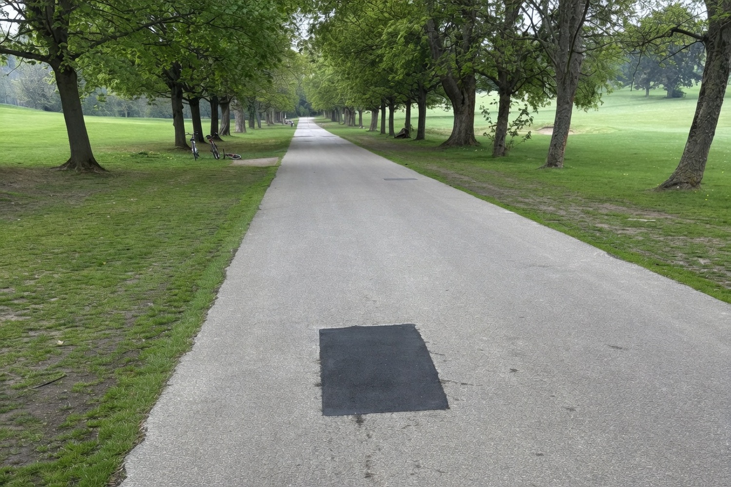 Central asphalt patch on a tree-lined park path