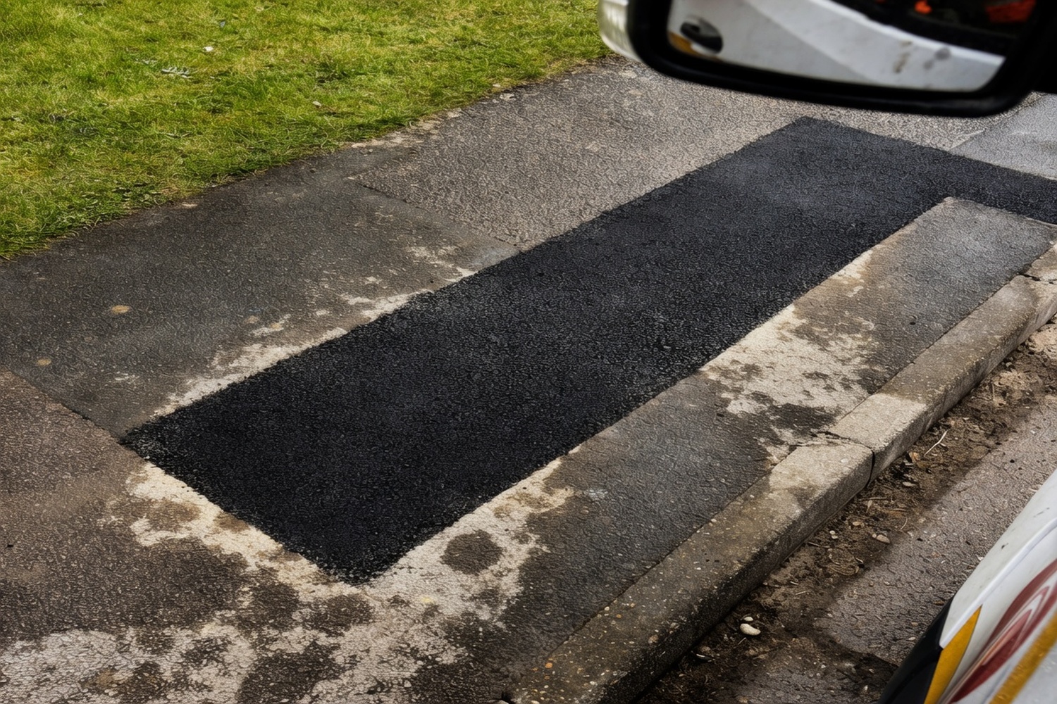 Long asphalt strip repair running along a kerb edge