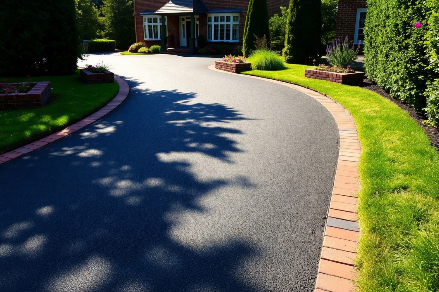 Smooth tarmac driveway leading to a brick house garage