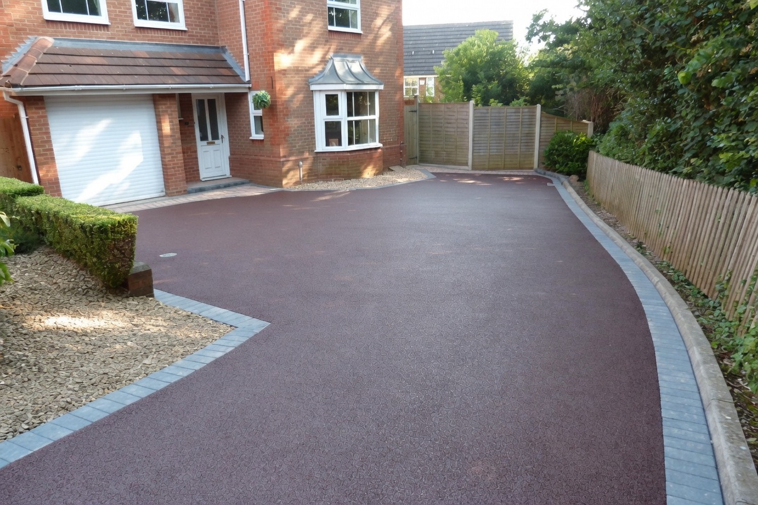 Grey shingle driveway in front of a brick house