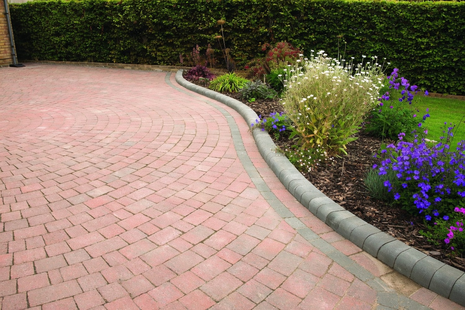 Curved red block-paved driveway with kerb-edged planted border