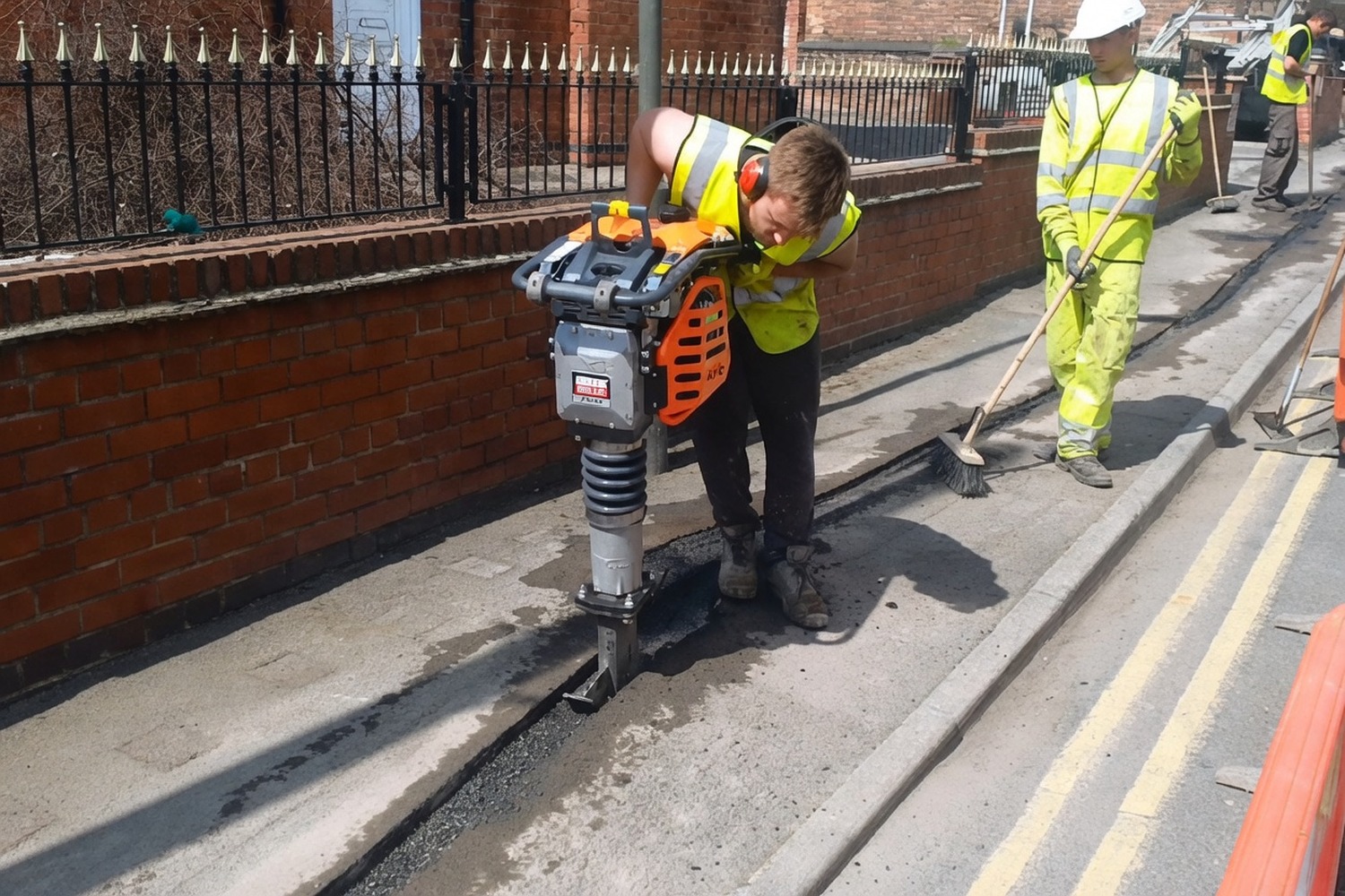 Operative breaking out tarmac with a jackhammer ahead of trench excavation