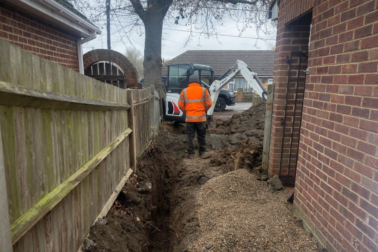 Mini-excavator digging a service trench between a brick wall and timber fence, PPE operative observing