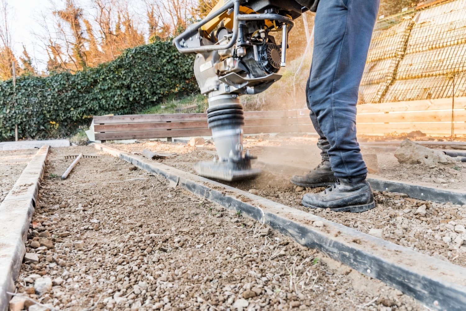 Close-up of jackhammer breaking out tarmac for service trench access